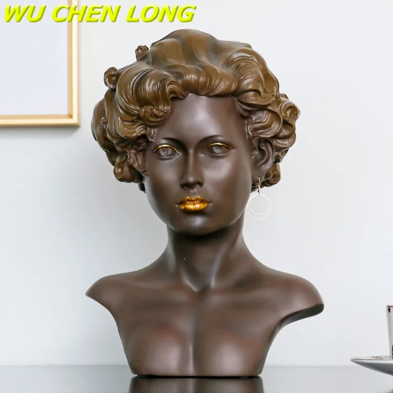 

WU CHEN LONG African Lady Art Sculpture Creative Woman Statue Resin Art&Craft Beauty Figurines Designer Home Decoration R5515