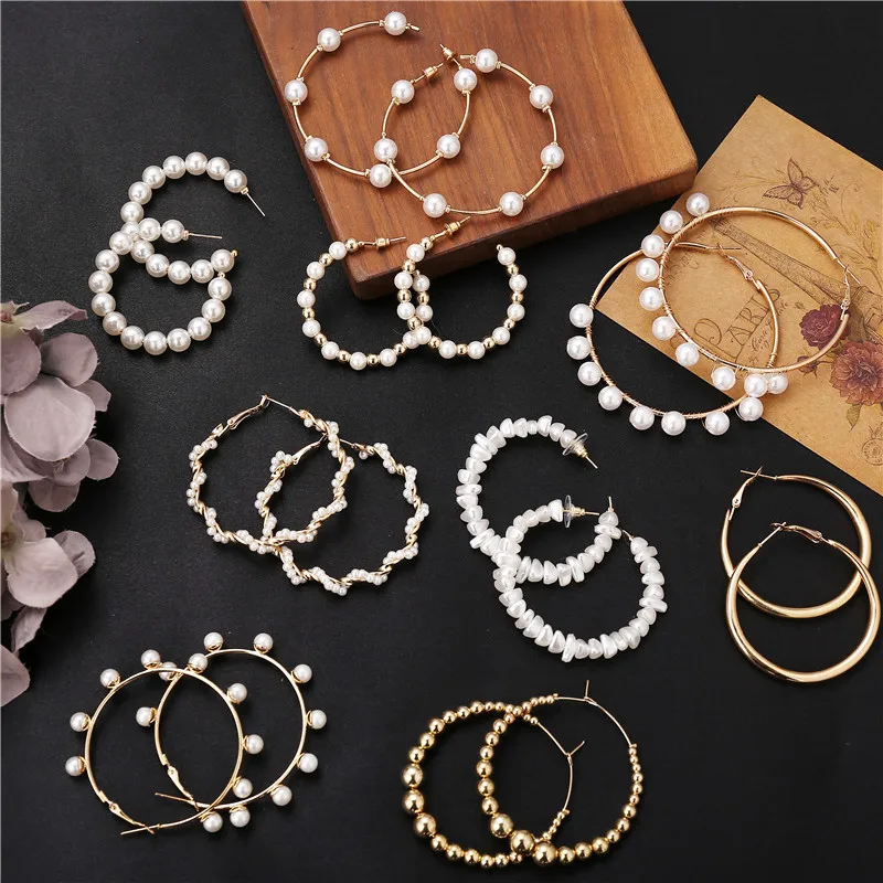 New Vintage Oversize Pearl Earrings For Women Girls Brinco Big Hoop Circle Earring Statement Geometric Fashion Jewelry | Украшения и