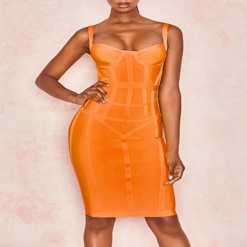 Модное женское Бандажное платье желтого оранжевого синего цвета с бретельками