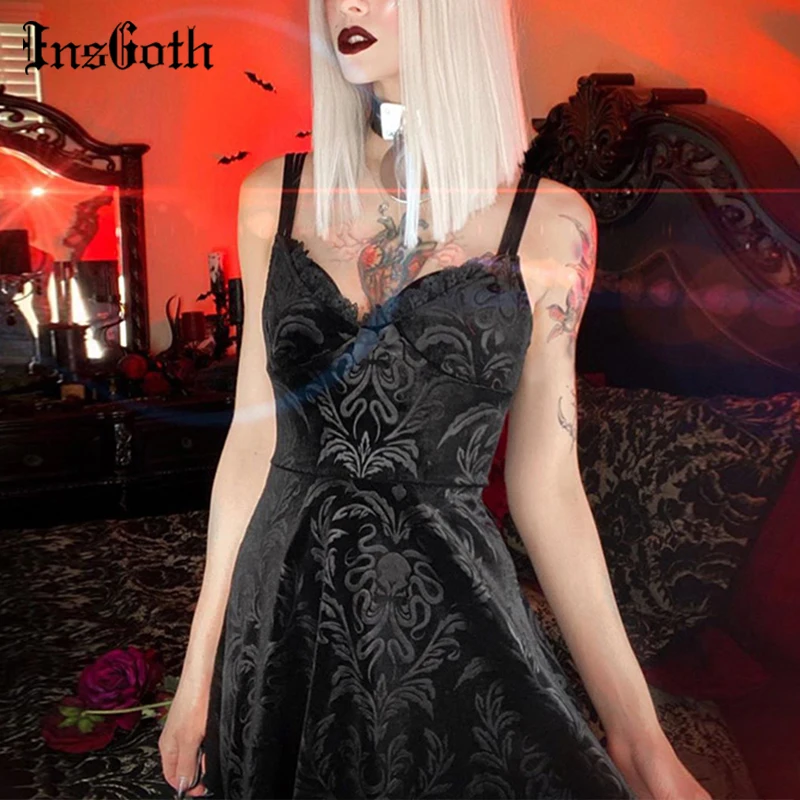 Фото InsGoth сексуальное черное мини платье на тонких бретелях готика Харадзюку