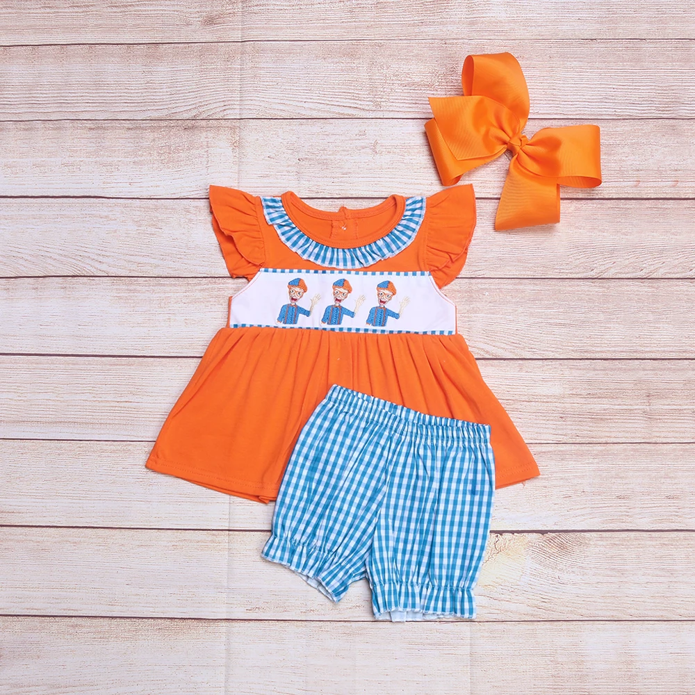 

Girls Police Uncle Series Suit Baby Orange Cute Sleeveless Top + Blue Lattice Legging Pants Kids Girls Summer Set For 1-7 Years