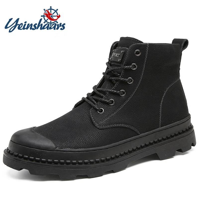 

YEINSHAARS Black Warm Winter Men Boots Genuine Leather Ankle Boots Men Winter Work Shoes Men Military Fur Snow Boots for Men