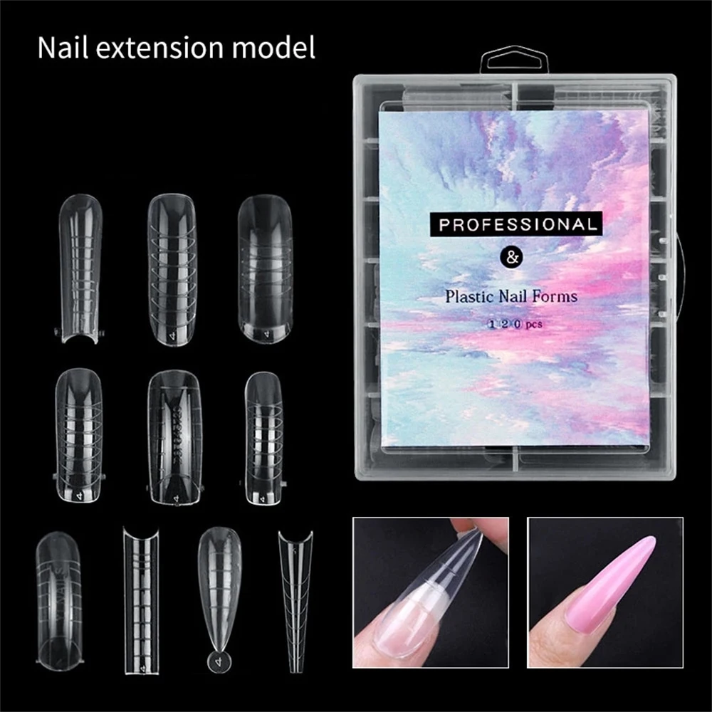 

New 120 Pcs/set Clear Dual Forms Fake Nails Full Cover Quick Building Gel Mold Nail Extension Molds For Nails Tips False Nails