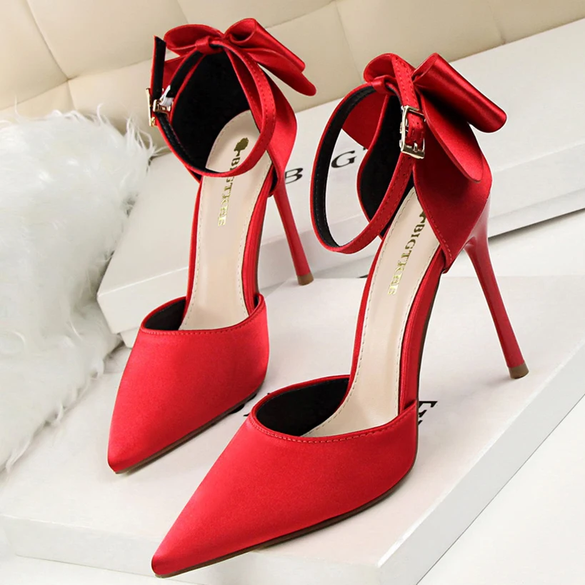 

2021 New Sexy Women 10cm High Heels Size 43 Sandals Wedding Bridal Heels Fetish Stiletto Bow-Knot Pumps Red Party Shoes