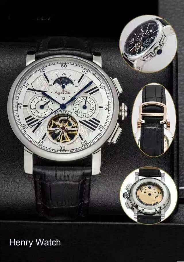 

Luxury Brand New Men Watch Silver Blue Sapphire Automatic Mechanical Dual Time Stainless Steel Leather Tourbillion MoonPhase