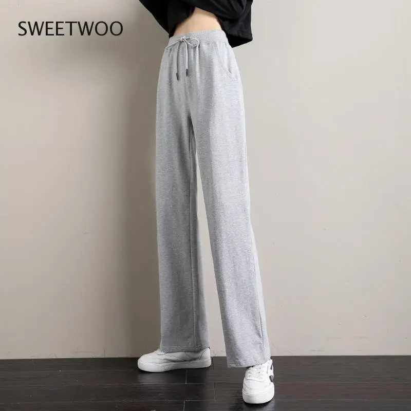 Sports Casual Pants Autumn Women Running Loose Straight Trousers High Waist Solid Color Wide-Leg Cotton Pants