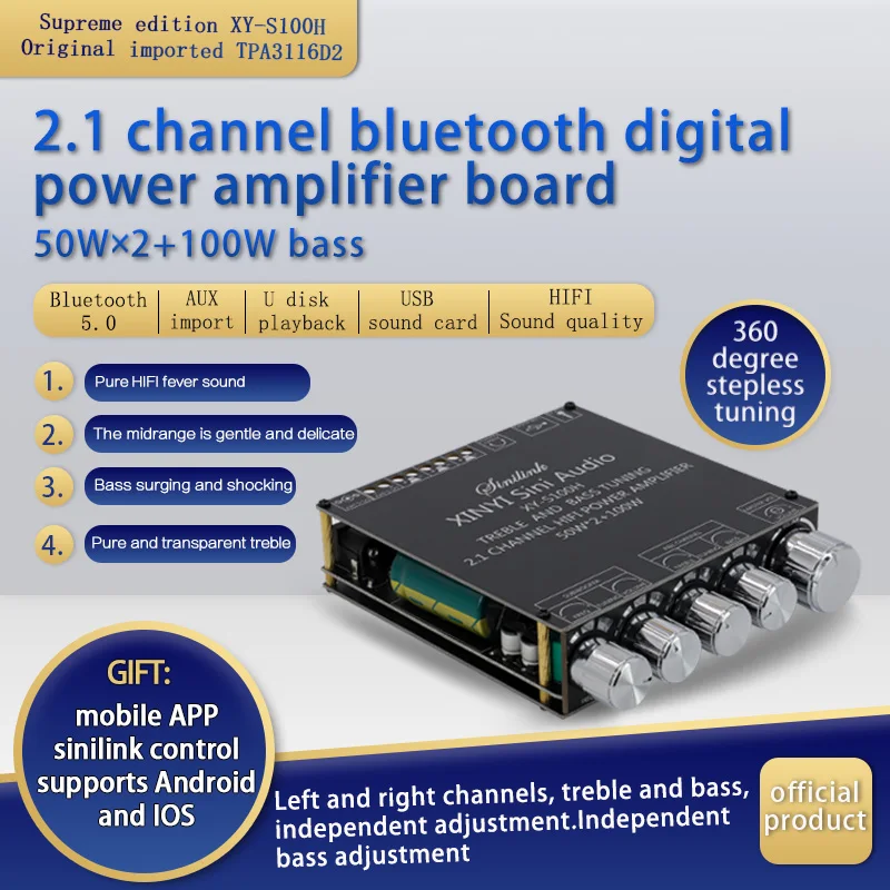 

XY-S100H HIFI TPA3116D2 Bluetooth 5.0 Subwoofer Amplifier Board 50WX2+100W 2.1 Channel Power Audio Stereo Bass USB APP AMP