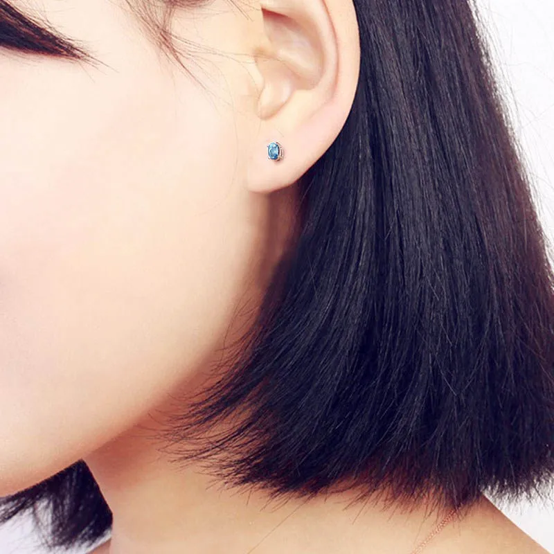 

HELON Women Earring Solid 14k White Gold AU585 Genuine Bule topaz Women Trendy Fine Jewelry Gemstone Stud Earring