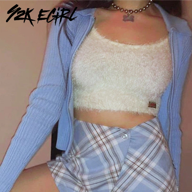 

Y2K EGIRL Solid Turn Down Collar Long Sleeve Knitted Cardigans Casual Ribbed Zipper Front Sweaters Vintage 90s Autumn Outwear