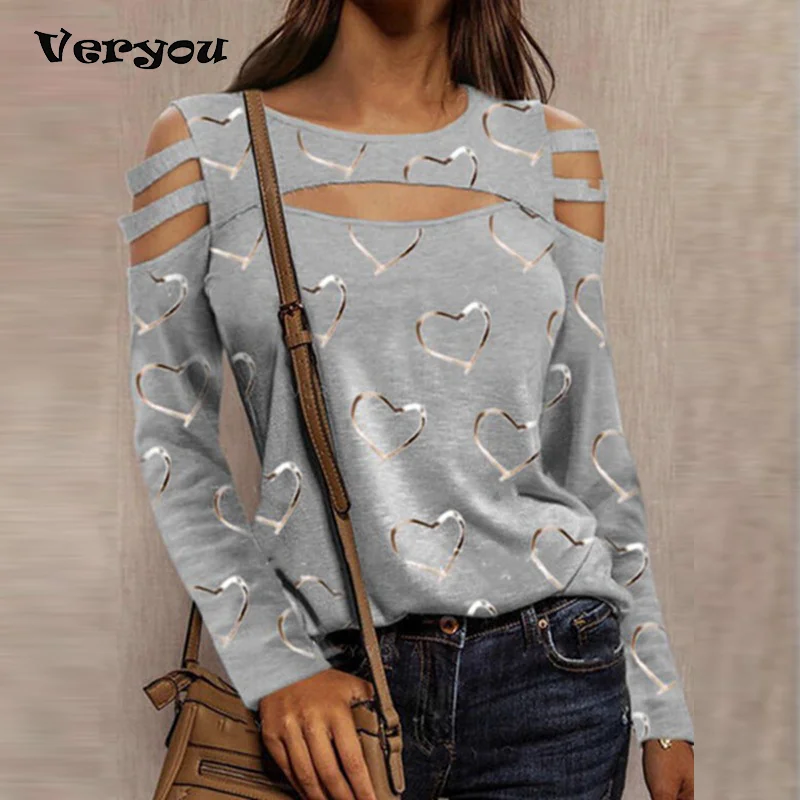 

Vintage Casual Heart Print Women T-Shirts Elegant Spring O-Neck Loose Pullover Tops Fashion Hollow Out Long Sleeves T-shirt