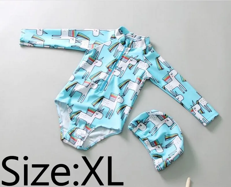 unicorn XL Купальный костюм для маленьких девочек, цельный купальный костюм, пляжный костюм с длинным рукавом, летний купальный костюм с рисунком единорога и буквами арбуза - Цвет: unicorn XL