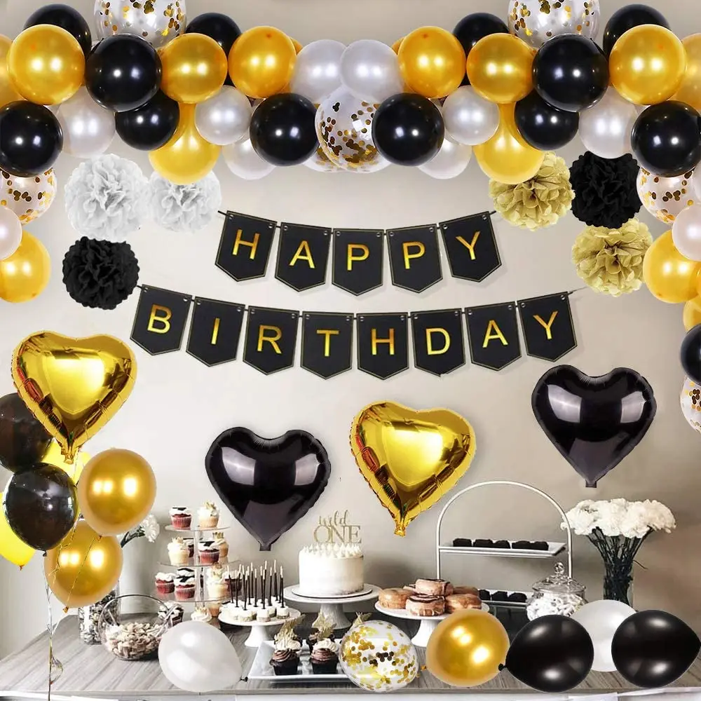 

46pcs Black Gold Happy Birthday Banner Party Decorations Confetti Star Heart Foil Balloons Paper Pompoms for Birthday Decor