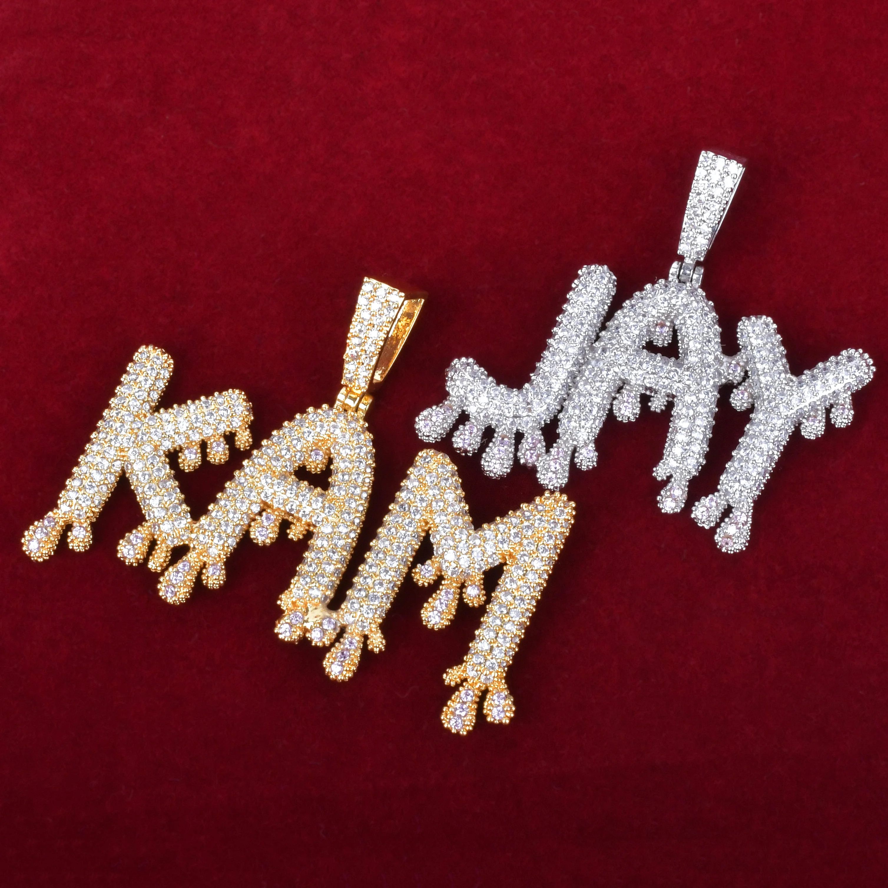 

A-Z Custom Name Small Drip Bubble Letters Necklaces & Pendant Chain Men's Zircon Hip Hop Jewelry With 4MM Tennis Chain
