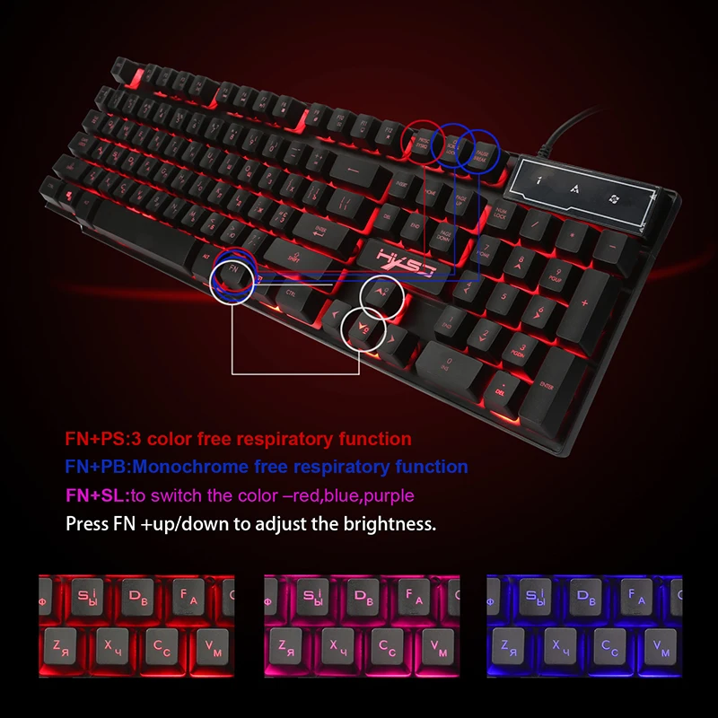 

HXSJ Gaming Keyboard English and Russian Waterproof 3 Colors Backlight Adjust Wired Multimedia Keys R8 Keyboard