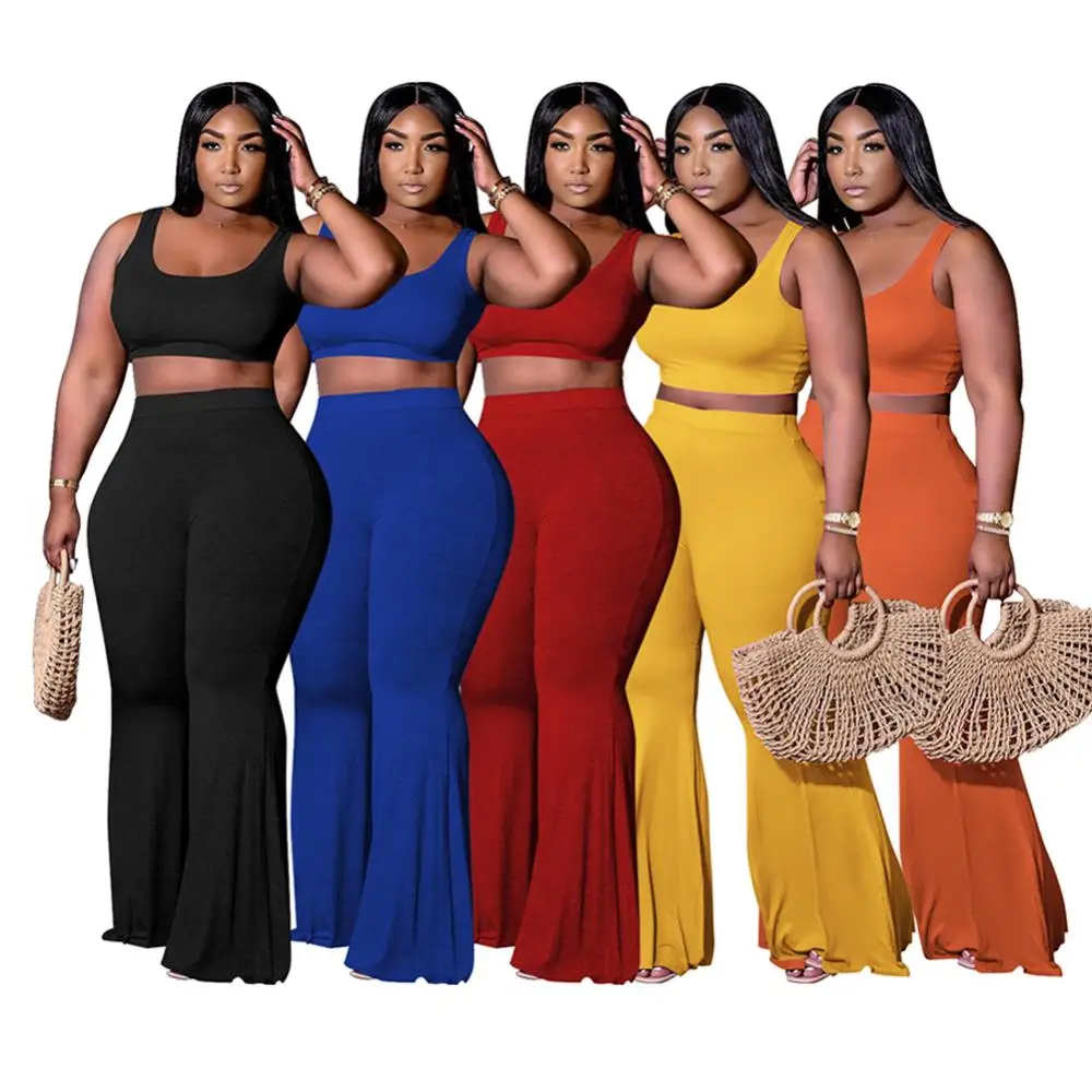 

Summer Women Solid Color 2 Pieces Basic Outfits Ribbed Sleeveless Top Short Tank Tops Elastic Flare Pants Long Pants Casual Sets