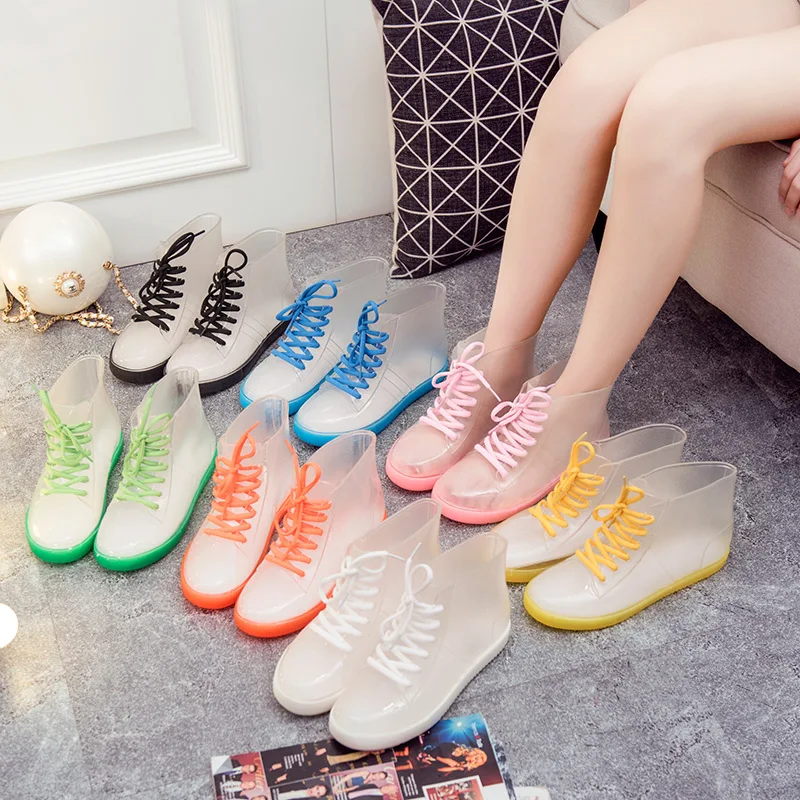 

Fashion Jelly PVC Rain Boots Women Med Heels Shoes Woman 2020 Fashion Transparent Boots For Women Platform Sewing Booties Solid