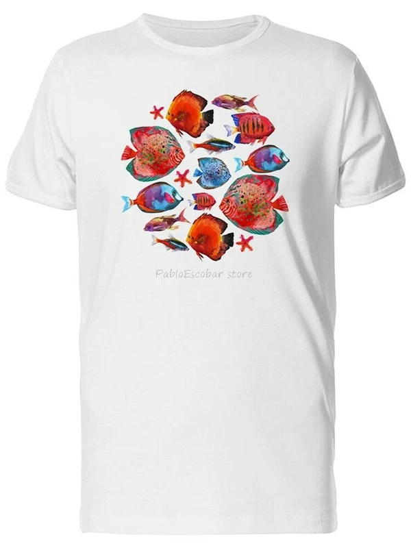 Красный набор тропических рыб искусство Мужская футболка-изображение 34Th 30Th 40Th 50Th