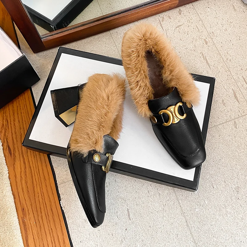 

2021 Winter Fashion Mary Janes Cowhide Rabbit Fur Metal Buckle Plus Velvet Deep-mouth Single Shoes Square Head Low Heels Shoes