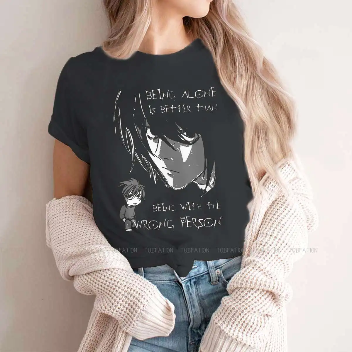 

BEING ALONE TShirt For Women Death Note Light Yagami Ryuk Anime Tees Fashion Female T Shirt Basic Graphic Loose