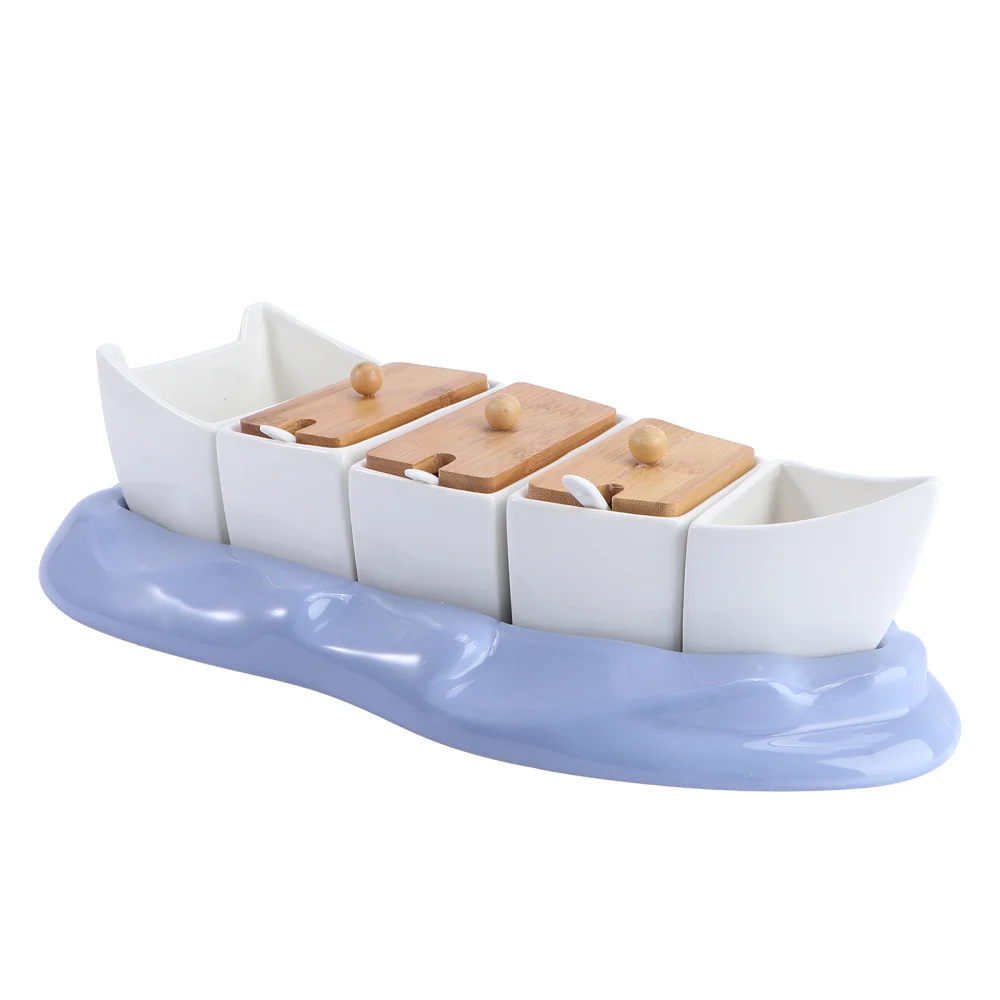 

1 Set of Boat Shape Condiment Jar Ceramic Seasoning Canister Kitchen Supplies