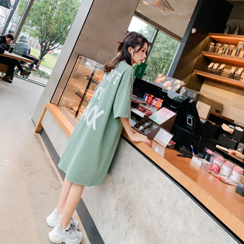 Летняя длинная футболка с коротким рукавом Женская Корейская версия свободная
