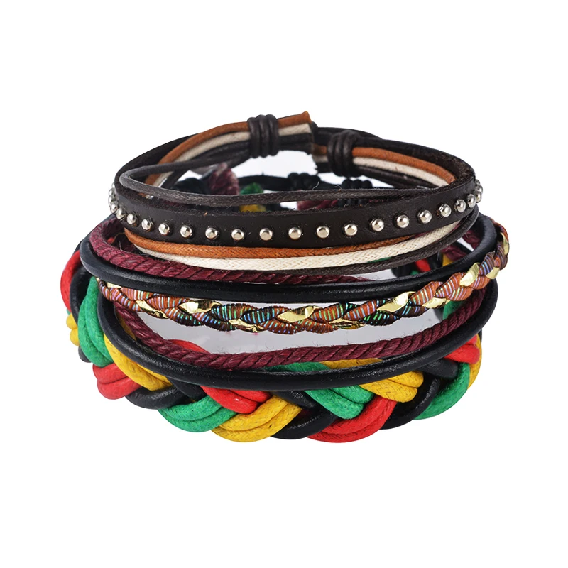 1 комплект Многослойный кожаный браслет мужские ювелирные изделия Boho Рок Браслеты из дерева для женщин винтажные браслеты и браслеты - Окраска металла: F