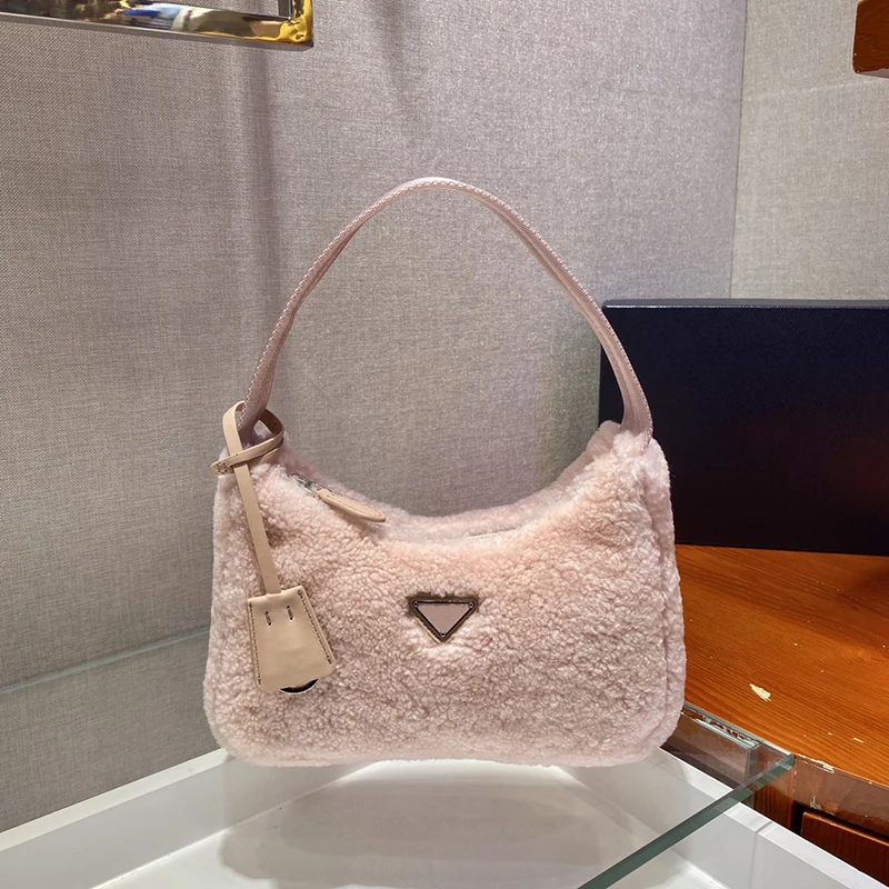 

Autumn and Winter Women's Cotton Fabric Plush Triangle Webbing Ornaments Metal Zipper Handbags Ladies Shoulder Hobo Bag Purse