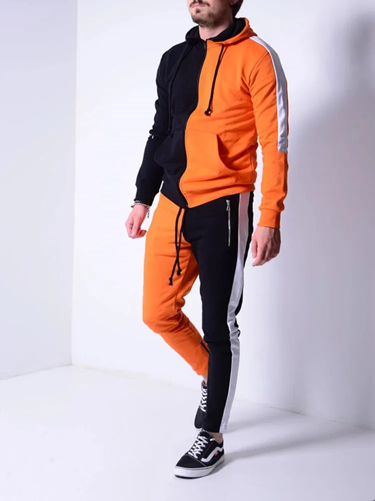 Осенние мужские лоскутные цветные костюмы модные пальто на молнии с капюшоном +