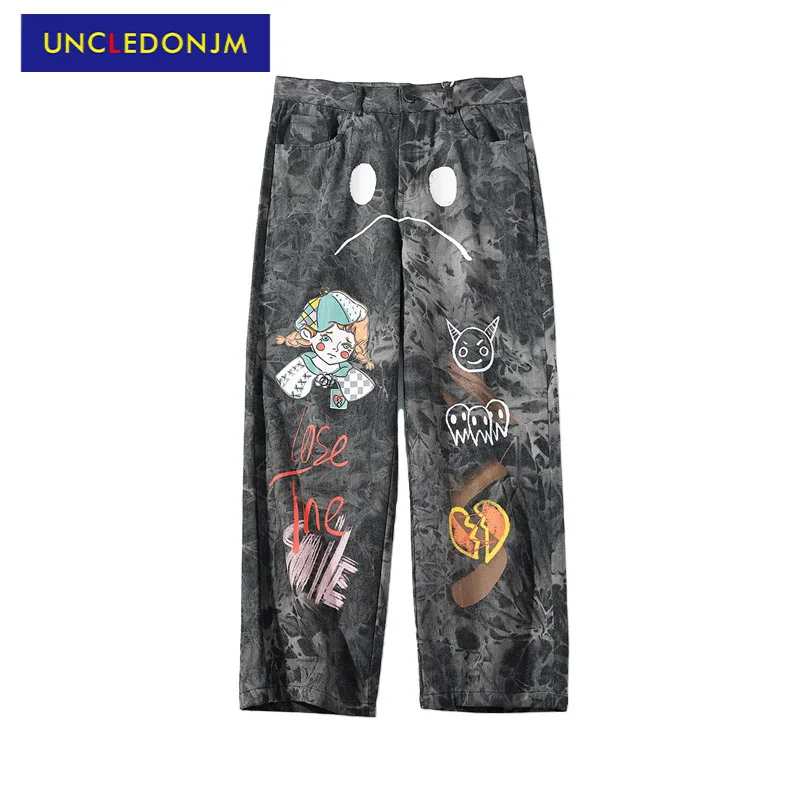 

UNCLEDONJM Cartoon graffiti jeans men distressed denim jeans streetwear women hip hop jeans Anime designer pants print jeans