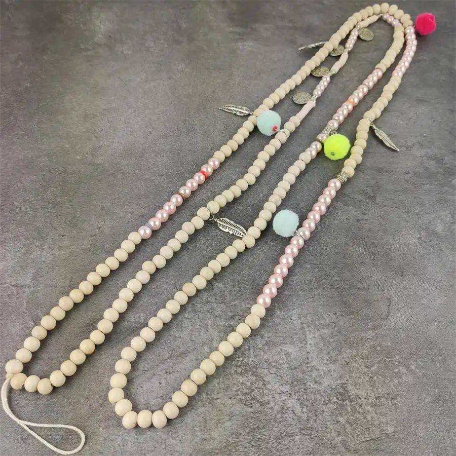 New Handmade Brown Wood beads long chain Pompom Mobile Chain charm Bohemia necklace for phone hanger Jewelry