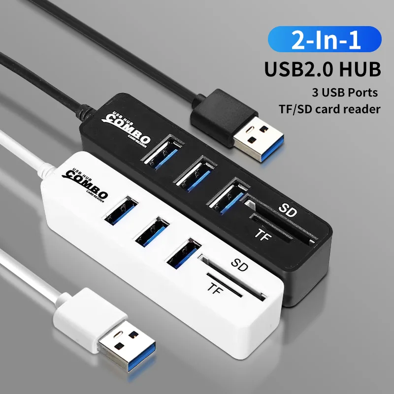 

3 Port USB Hub 2 Solt Card Reader USB2.0 Micro SD TF Card Computer Adapter Extend For Hard Disk Wired Mouse Keyboard Splitter