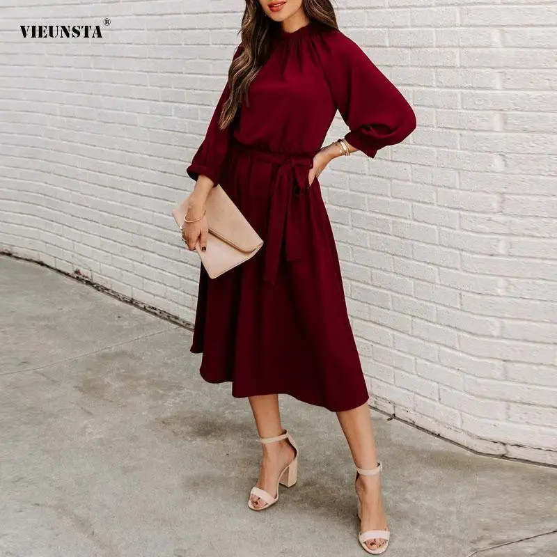 

Повседневное милое женское свободное платье с подолом, модное приталенное платье с поясом и завязкой, платье 2022, весеннее простое Однотонно...