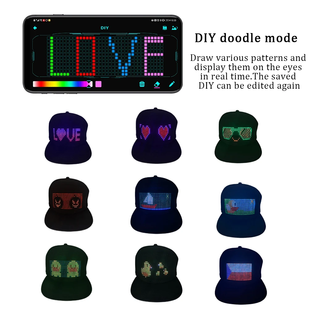 

Creative LED Display Light Hat Customized Bluetooth Hat Mobile APP Control Editing Hat Led Lamp Word Hip Hop Party Supplies