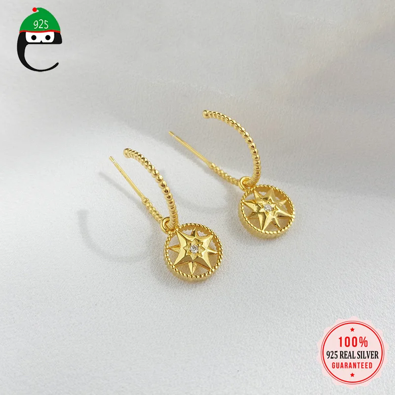 Золотые серьги кольца 100% Стерлинговое Серебро 925 пробы цельные со звездами для