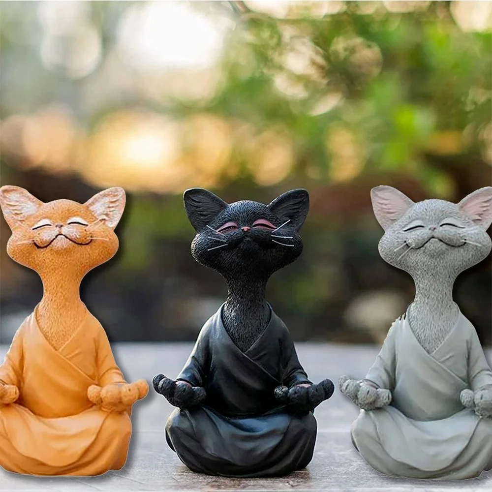 

Black Buddha Cat Figurine Meditation Yoga Collectible Happy Cat Art Sculptures Outdoor Garden Home Jardinage Miniatures Decor