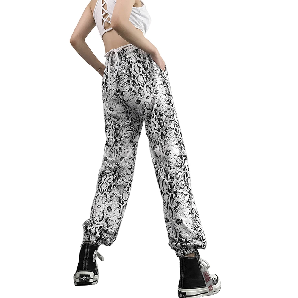 Модные женские брюки с принтом змеиной кожи на завязках высокой талией Свободные