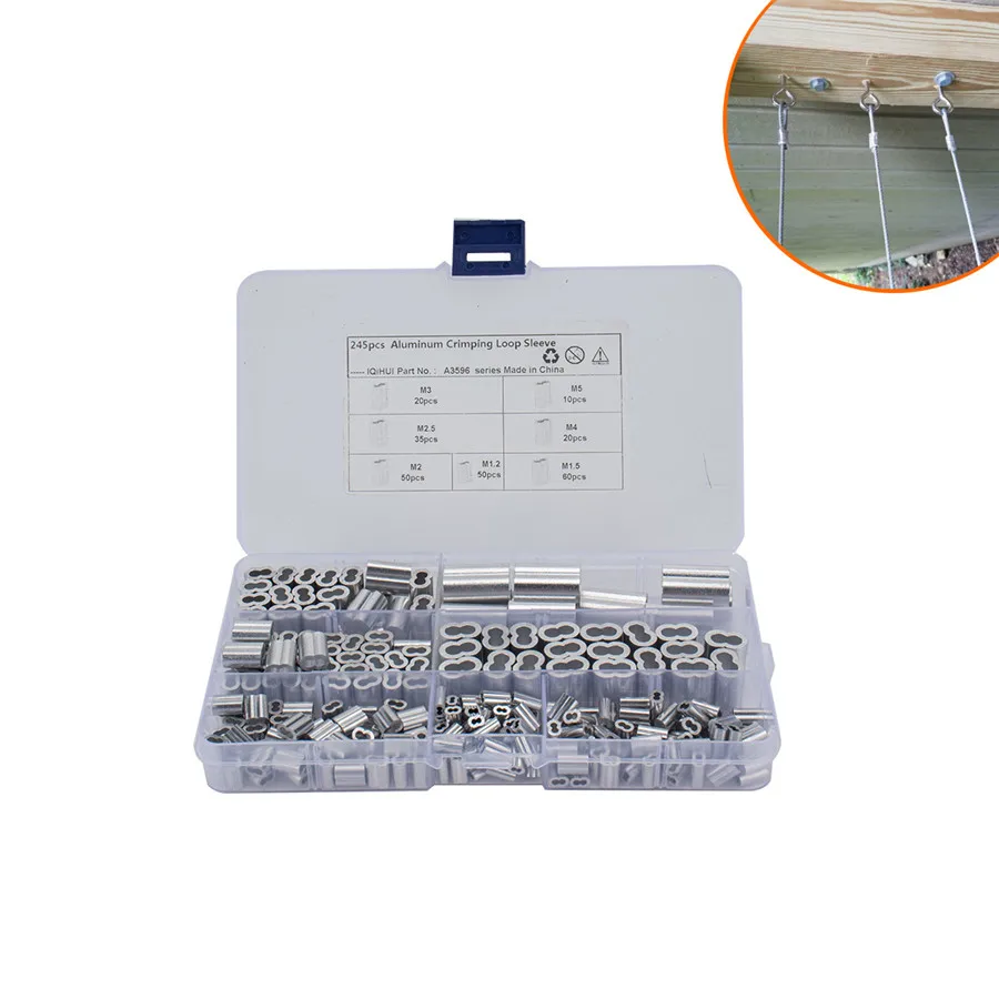 

245Pcs M1.2/3/4/5 Crimping Loop Sleeve Kit For Wire Rope Cable Thimbles Rigging