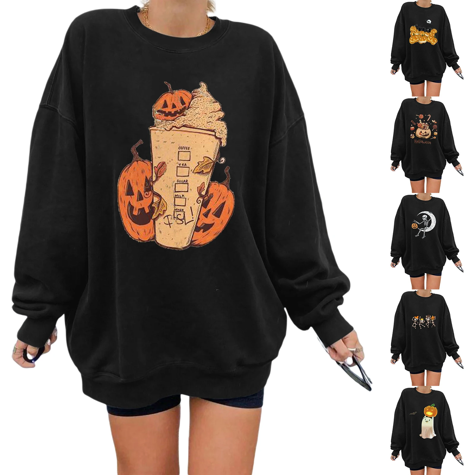 

Women Halloween Sweatshirt,Autumn New Casual Hoodies Pumpkin/Skeleton Print Round-Neck Long Sleeves Pullover Shirt for Girls