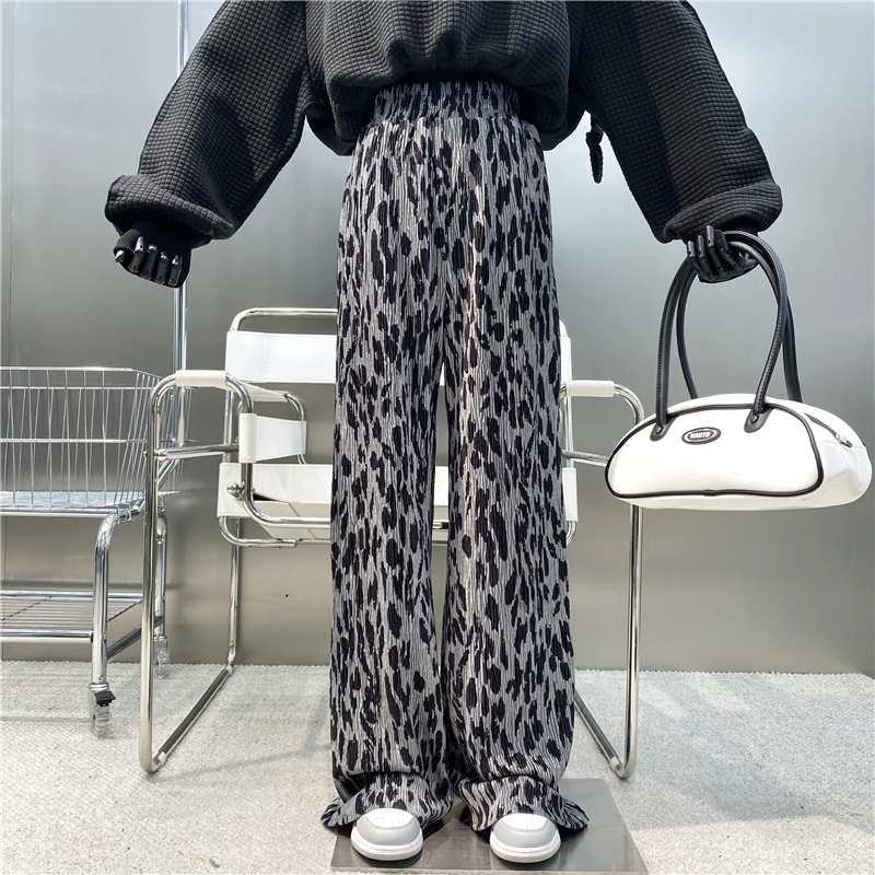 

New Brand Niche Design Vintage Leopard Casual Pants 2021 Elastic Waist Drape Pleated Pants Loose Wide Leg Trousers