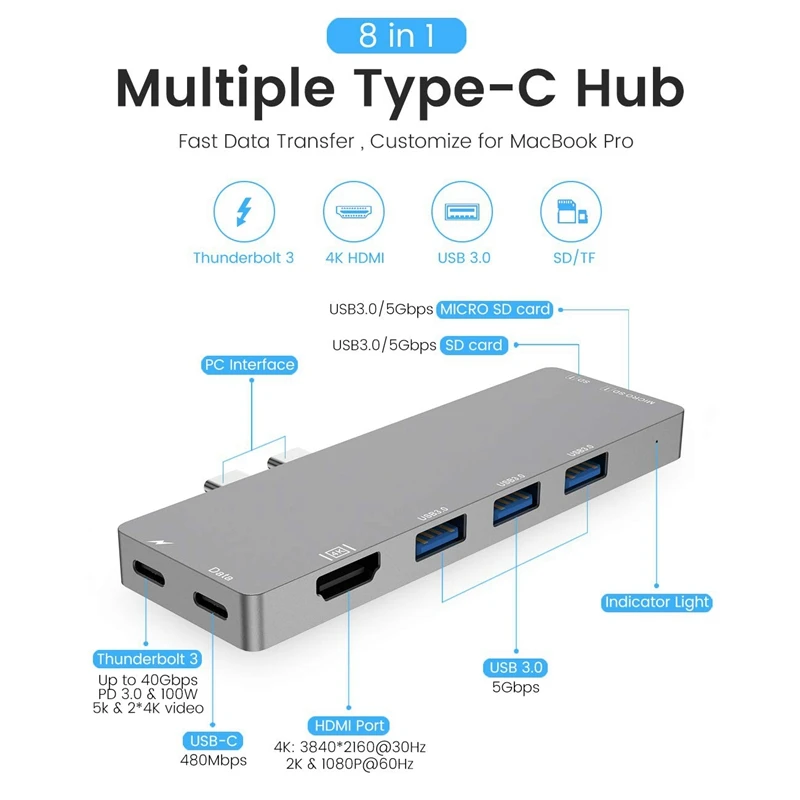Thunderbolt 3 Тип-C концентратор 8 в 1 кард-ридер USB3.1 Зарядное устройство - Цена: 