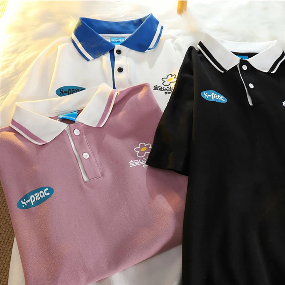 

Floral Hit Color POLO Shirt Short-Sleeved Japanese College Style Female Lapel Loose Casual Buttoned T-Shirt Top