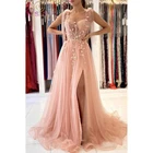 Розовые вечерние платья 2022, длинное кружевное платье с разрезом спереди, с аппликацией, сердечком, на тонких бретелях, ТРАПЕЦИЕВИДНОЕ, со шлейфом, для женщин