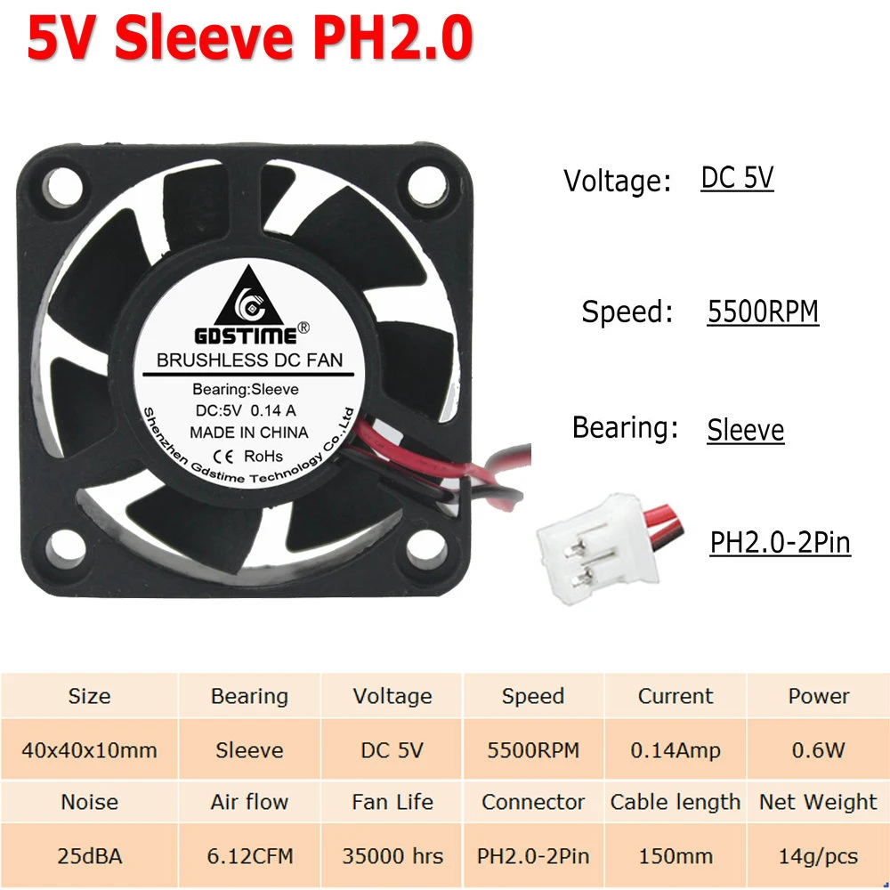 10 шт./Партия Кулер 40x40x10 мм 4010 2Pin 3Pin Dupont USB 5 в 12 В 24 в 40 мм 4 см DC чехол для компьютера Бесщеточный вентилятор охлаждения Втулка с отверстиями для шариков - Цвет лезвия: 5V Sleeve PH2.0