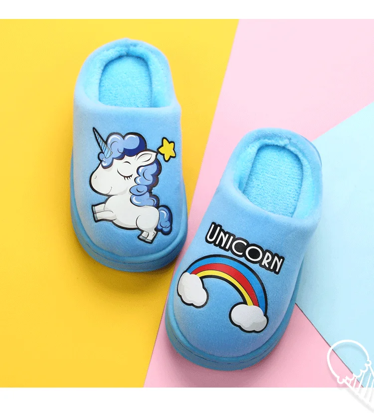 Мини Зимние детские тапочки с единорогом домашняя обувь для мальчиков и девочек