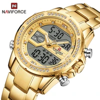 naviforce luxury gold diamond watches for men stainless steel sport waterproof quartz clock digital chronograph wristwatch male