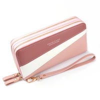 dual layer zipper pu leather wallet women long fashion simple color contrast wallet hand phone bag cover with wristband