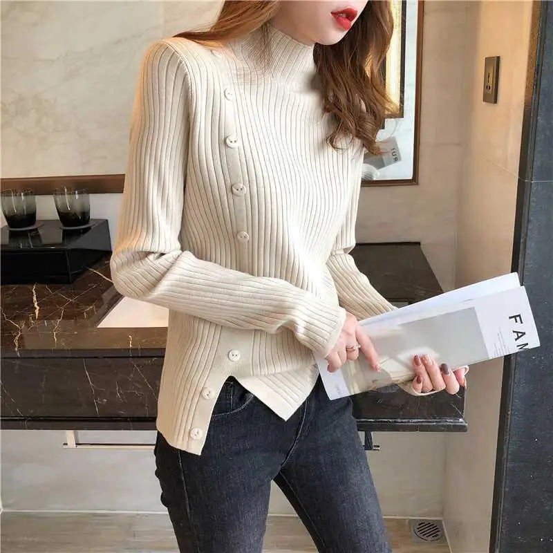 Women Long Sleeve Sweater 2021 New Autumn Winter Knitted Button Turtleneck Tops Elasticity Pullovers Ladies Sexy | Женская одежда