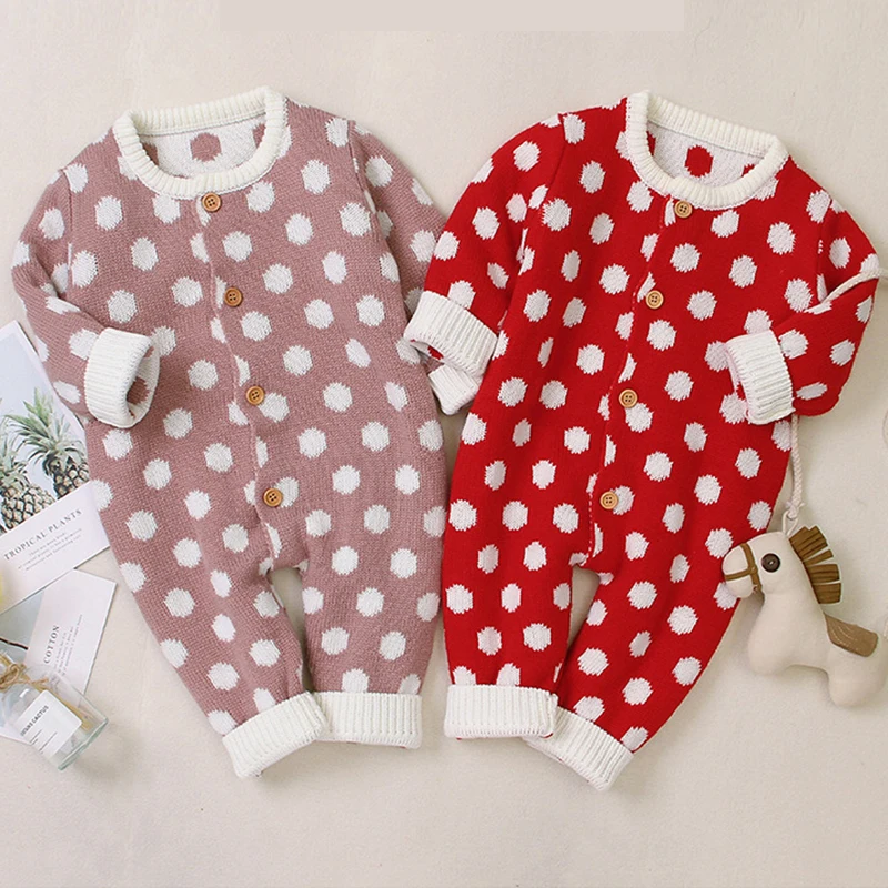 

New 2020 Autumn Winter Baby Boys Girls Dot Infant Rompers Clothes Baby Boy Girl Kids Knitting Long Sleeve Rompers
