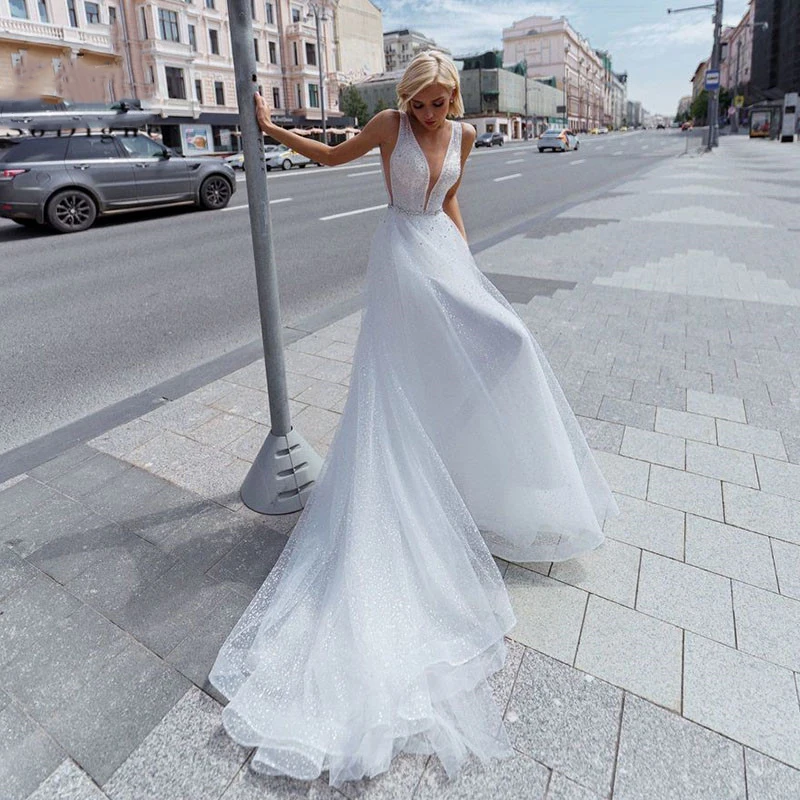 

YILIBER New simple wedding dress backless sleeveless design chiffon lace bride dresses princess dress plus size tailor-made