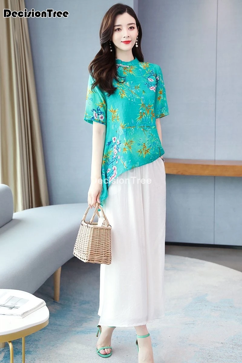 

2021 china women retro cheongsam top + chiffon white wide-leg pants chinese style vintage elegant lady print 2 piece set